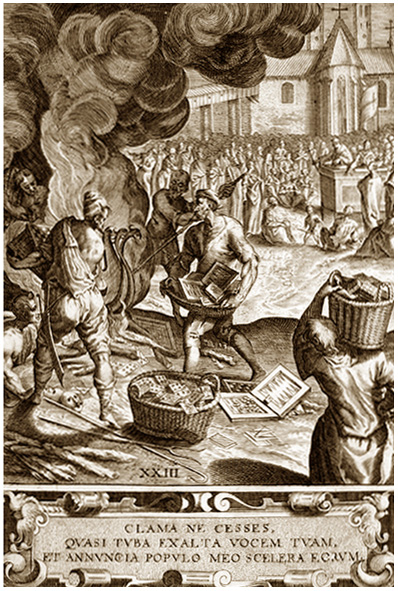 Сожжение "еретичских" книг. средневековая гравюра.