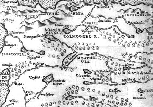 Белая Русь (Rossia Bianca) в районе Новгорода и Холмогор с карты Дж. Рушелли, 1561