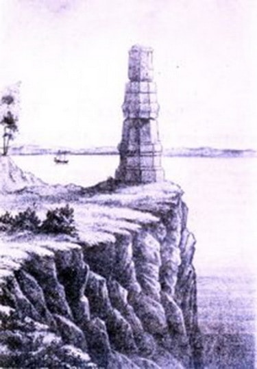 Каменная колонна на Тырском утесе Амура. Рис. Г.М. Пермикина, 1858 год