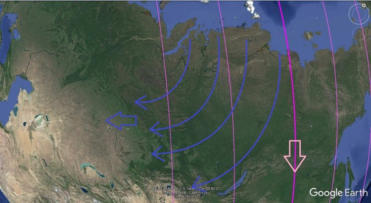 Карта. Сдвиг полюсов. Сибирь и направление 1 и 2 инерционных составляющих 3