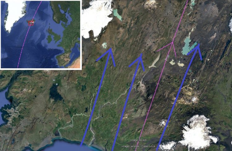 Карта. Сдвиг полюсов. Остров Исландия следы потока