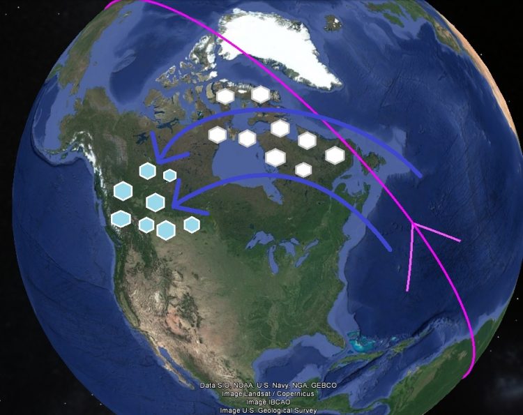 Карта. Сдвиг полюсов. Северная Америка перемещение льда в Кордильеры
