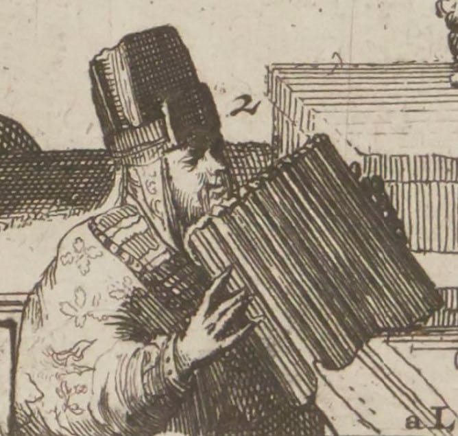 Музыкант играет на кугиглах во время ярмарки в Тартарии. Фрагмент гравюры восемнадцатого века.