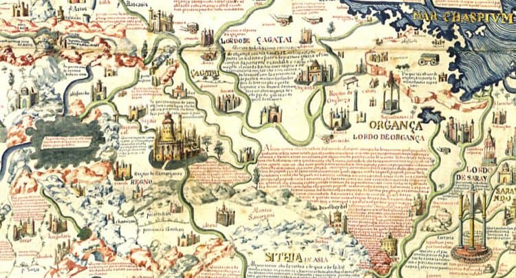 Органа, Катай и Катайское море. Фрагмент карты монаха Фра Мауро 1450г. Карта сориентирована на юг.