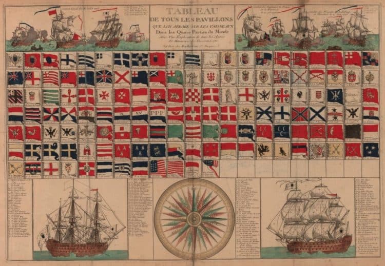 Tableau de tous les pavillons que lon arbore sur les vaisseaux Dans les Quatre Parties du Monde