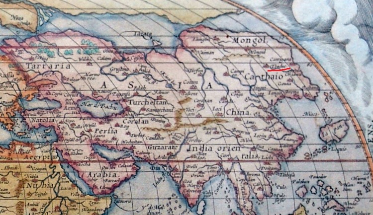 Фрагмент карты Абрама Ортелия 1572г. Та же сетка координат, и даже город Тендук в Тартарии ясно читается.
