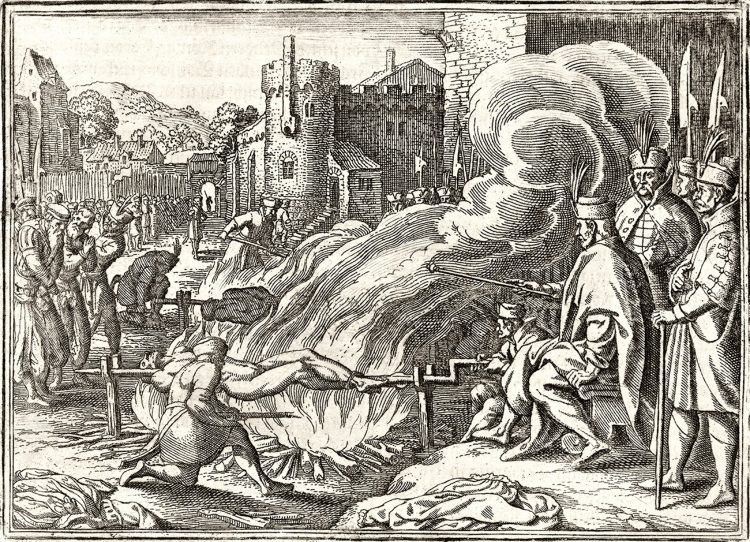 Ivan the Terrible roasts Johann Boy, governor of Livonia, on a spit, 1573. IMAGE/ Engraving, c. 1630.
