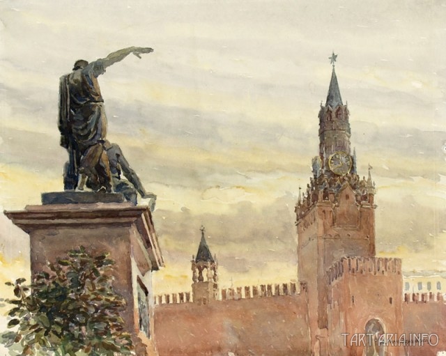 pomník Minina a Požarského na Rudém náměstí, akvarel A. A. Romonadovské, 1945