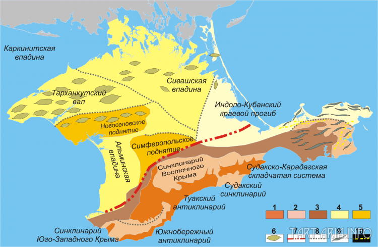 Схема геологического строения Крыма (по М. В. Муратову, с изменениями)