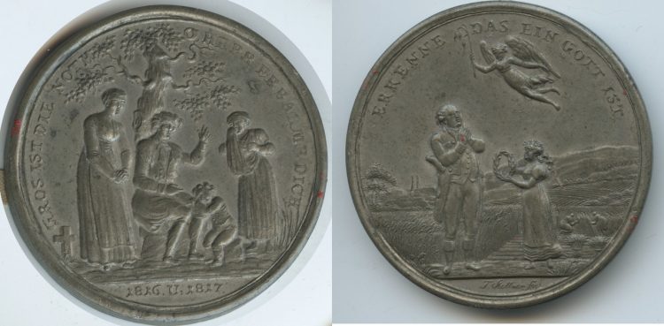 Tin medal with colorful copper engravings. On the famine and dearness 1817. Source