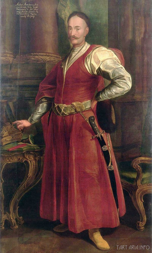 Станислав Антоний Щука в представительской красной одежде - традиционный сарматский костюм, 1735-1740 гг., неизвестный автор, дворец в Виланув 