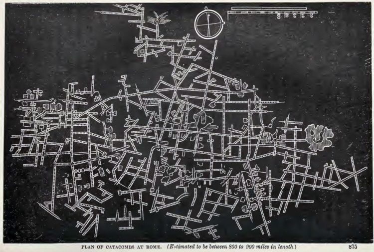 План катакомб Рима (Предполагается, что длина составляет от 800 до 900 миль. 1400 – 1670км)
