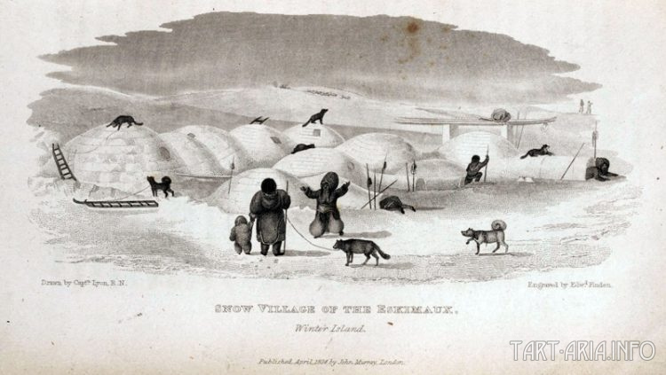 Гравюра «Снежная деревня Эскимосов», Зимний остров, Джорж Лион 1825г. Источник  