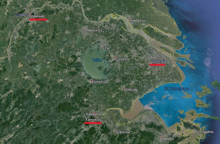 Фрагмент спутниковой карты Китая. Река Янцзы, Нанкин, Шанхай, Хучжоу